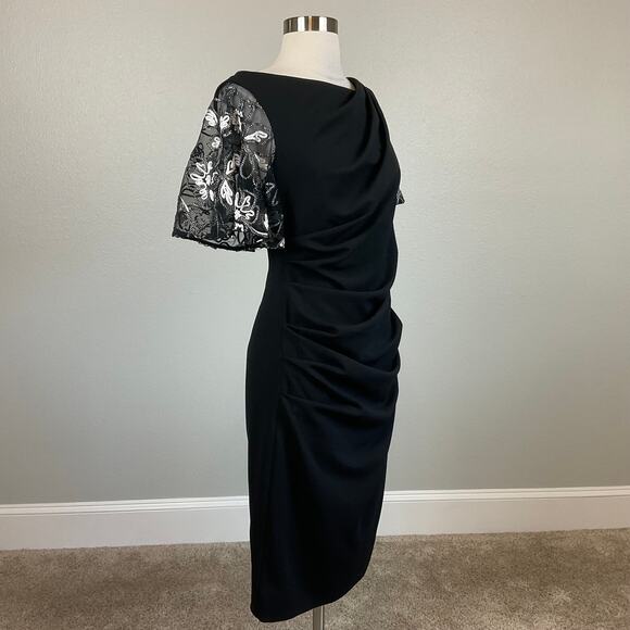 Betsy & Adam Embroidered Short Flutter Sleeve Sheath Cocktail Dress Black Size 8 - Picture 3 of 13